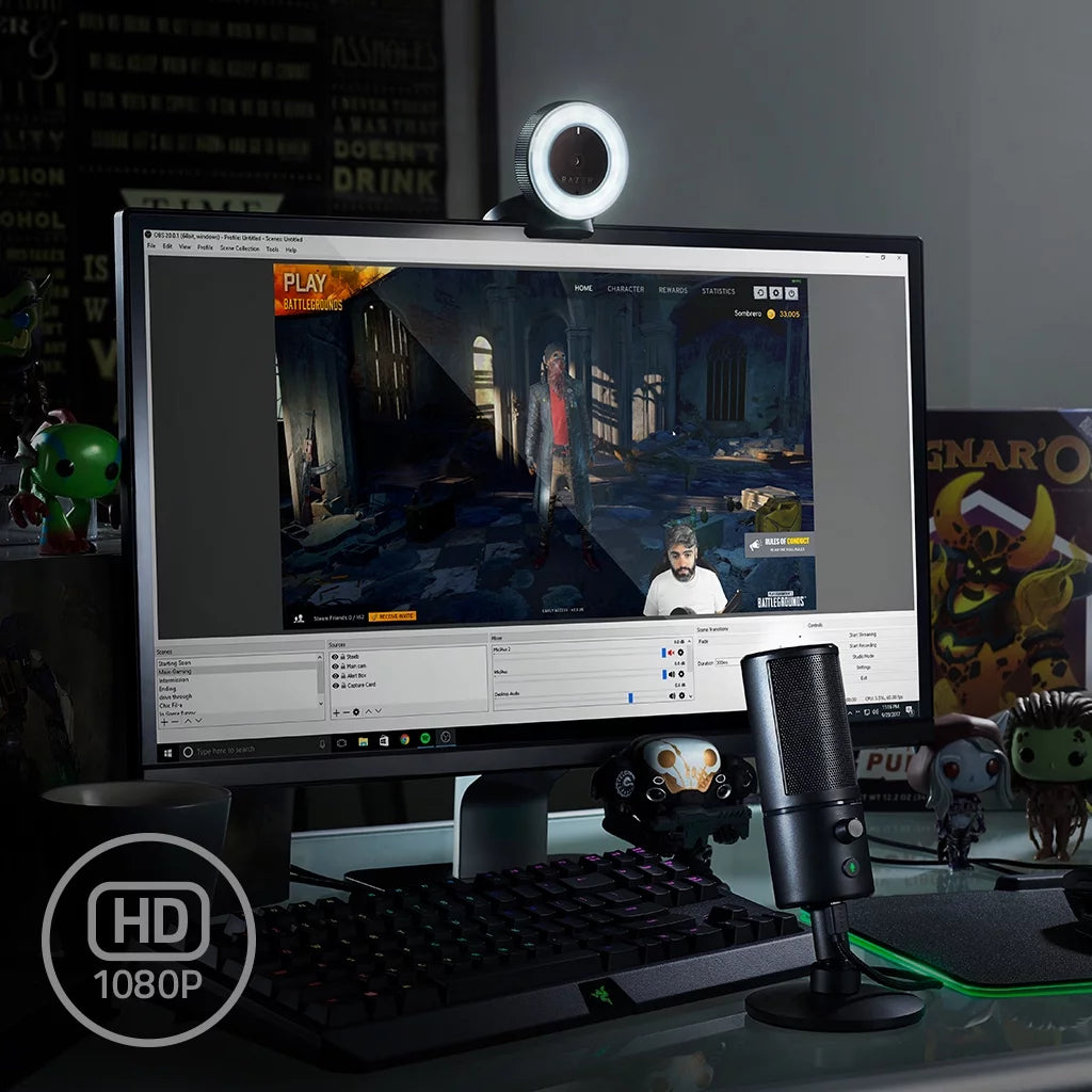 Kiyo Streaming Webcam, Full HD, Auto Focus, Ring Light with Adjustable Brightness, Black