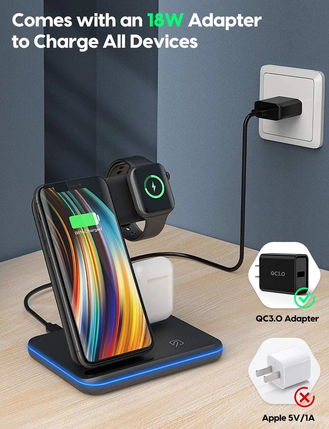 Wireless Charger Station, Qi-Certified 3 in 1 Fast Wireless Charger Stand with Breathing Indicator Compatible with Apple Watch Airpods for Iphone 14/13/12/11/Pro Max/12 Mini/11 Pro/Xr/8 Plus