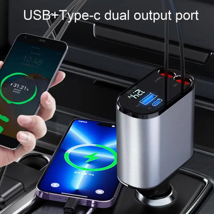 Retractable Car Charger 4In1 Fast Car Phone Charger 100W Retractable Cables 2 USB Ports Car Charger Adapter for All Smartphone