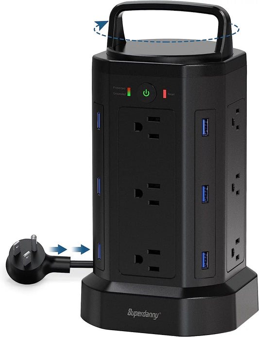 Power Strip Surge Protector Tower 12 AC Outlets 6 USB Charging Station 6.5Ft Extension Cord Black