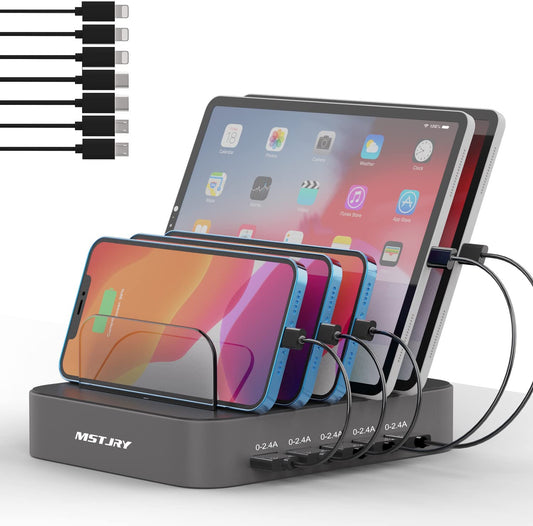 Charging Station for Multiple Devices,  5 Port Multi USB Charger Station with Power Switch Designed for Iphone Ipad Cell Phone Tablets (Gray, 7 Mixed Short Cables Included)