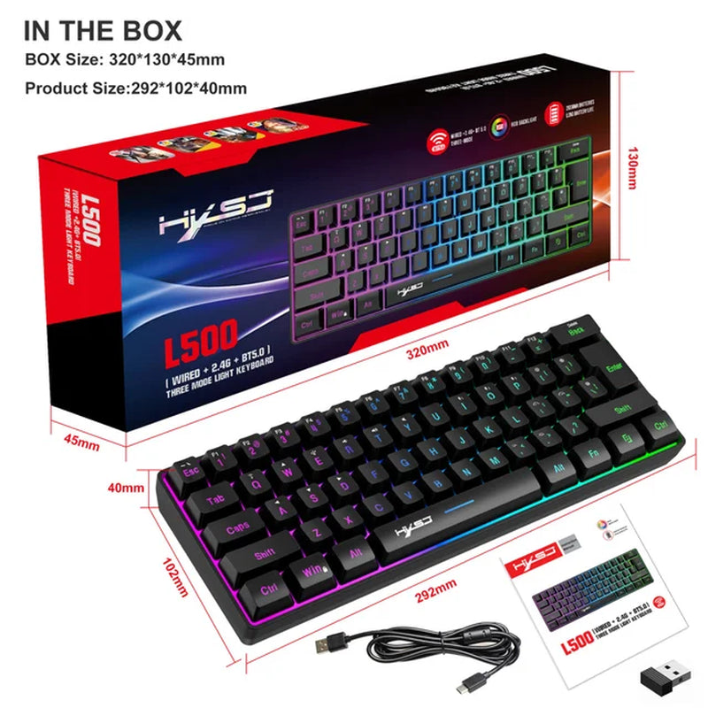 L500 Wired/Wireless Connection Gaming Keyboard 61 Keys Compact Computer Keyboard Type C Connection Mechanical Keyboard with Dyna