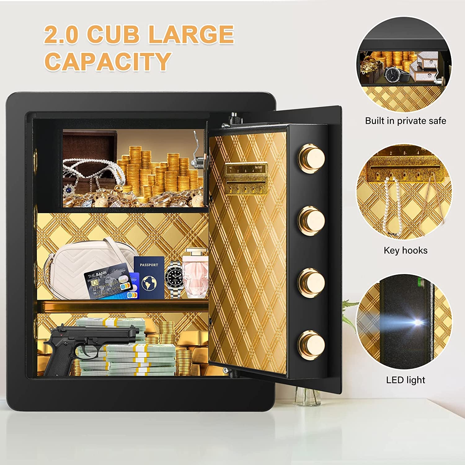 2.12 Cub Fireproof Waterproof, Security Home Safe with Fireproof Document Bag ,Inner Cabinet and LCD Display, Large Safe Box for Money Jewelry Documents
