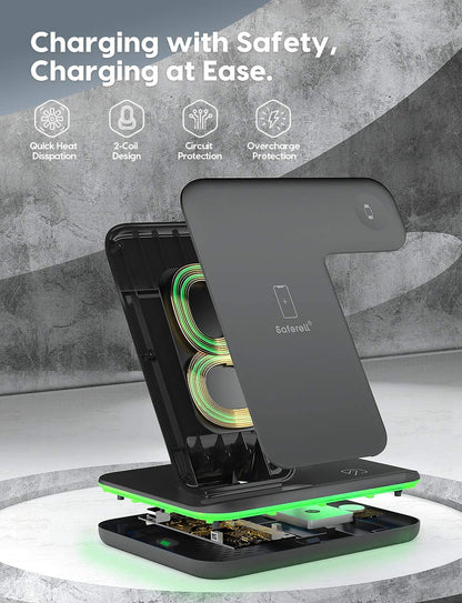 Wireless Charger Station, Qi-Certified 3 in 1 Fast Wireless Charger Stand with Breathing Indicator Compatible with Apple Watch Airpods for Iphone 14/13/12/11/Pro Max/12 Mini/11 Pro/Xr/8 Plus