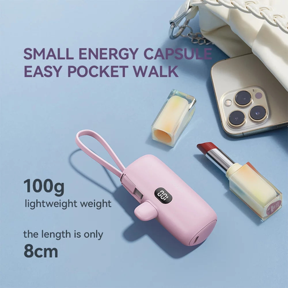 Portable Charger Power Bank,5000Mah Small Portable Phone Charger 5V 3A Fast Charger Built-In Type-C Cable and Phone Holder Cute Battery Pack for Iphone and Android Phone