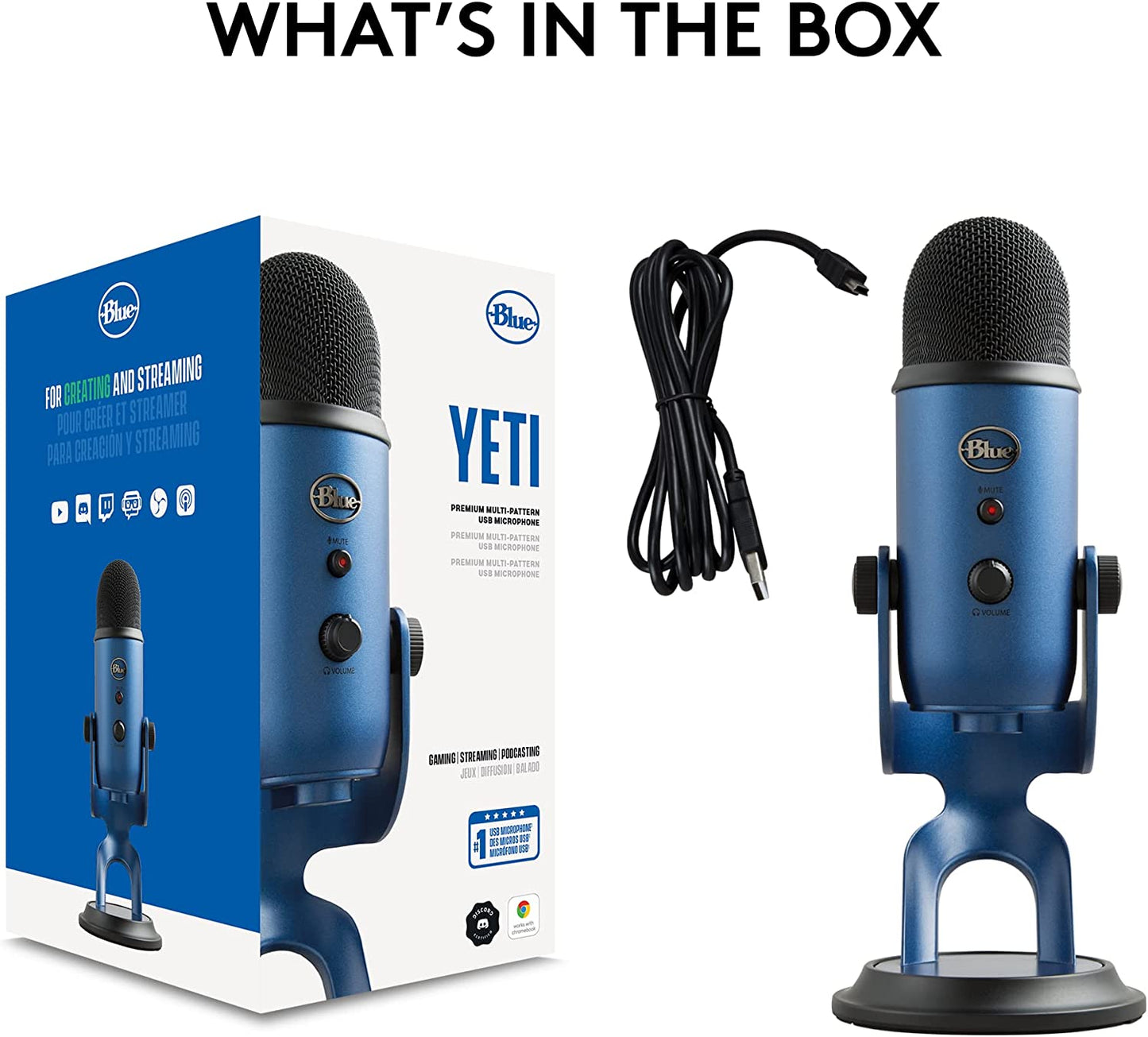 Yeti USB Mic for Recording and Streaming on PC and Mac,  VO!CE Effects, 4 Pickup Patterns, Headphone Output and Volume Control, Adjustable Stand, Plug and Play – Midnight